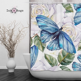 Watercolor Blue Butterfly and White Rose Shower Curtains and Optional Bath Mats Lighting,Lamps Fixtures