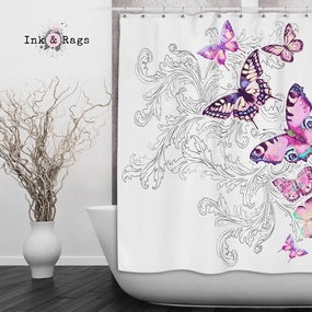 Watercolor Butterfly and Hand Drawn Leaf Shower Curtains and Optional Bath Mats Lighting,Lamps Fixtures