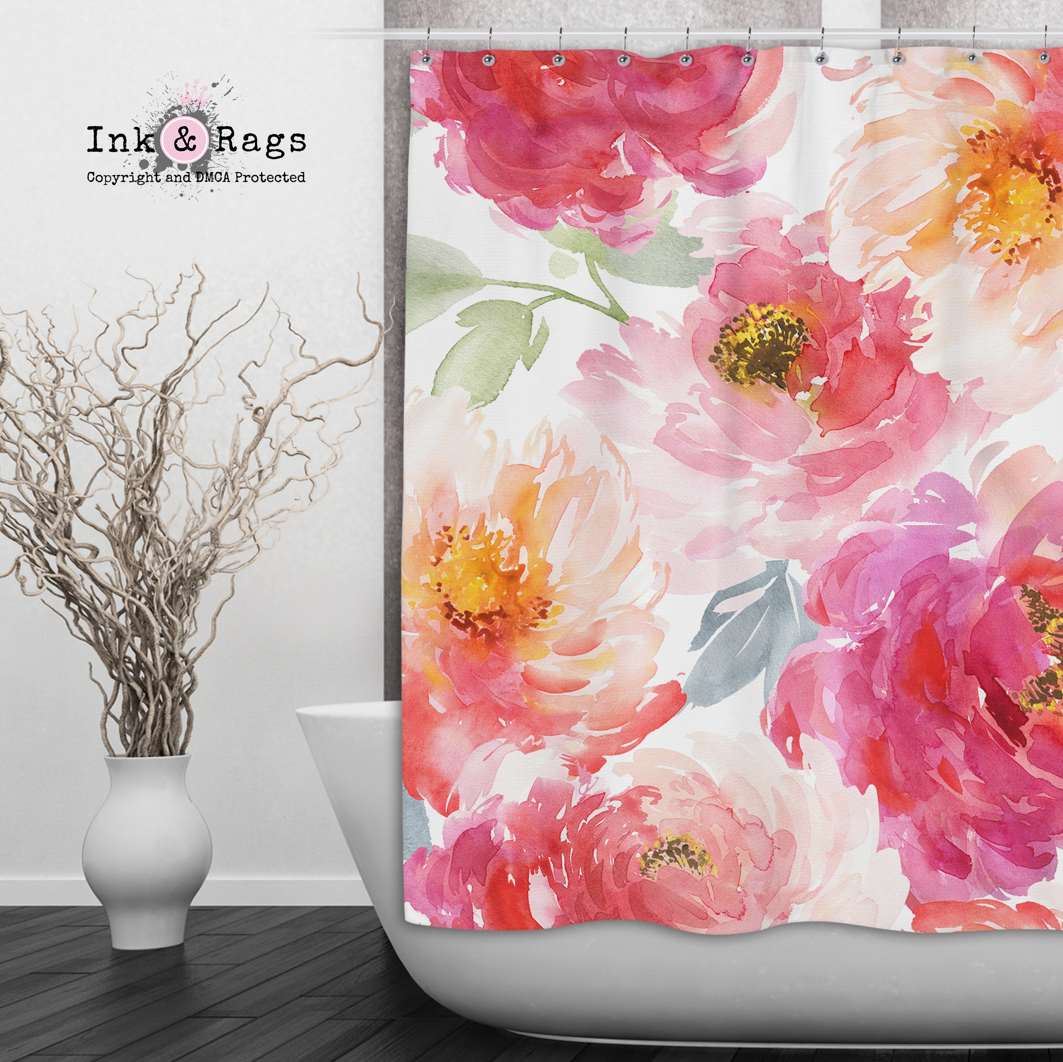 Watercolor Peonies in Bloom Shower Curtains and Optional Bath Mats Lighting,Lamps Fixtures