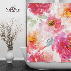Watercolor Peonies in Bloom Shower Curtains and Optional Bath Mats Lighting,Lamps Fixtures