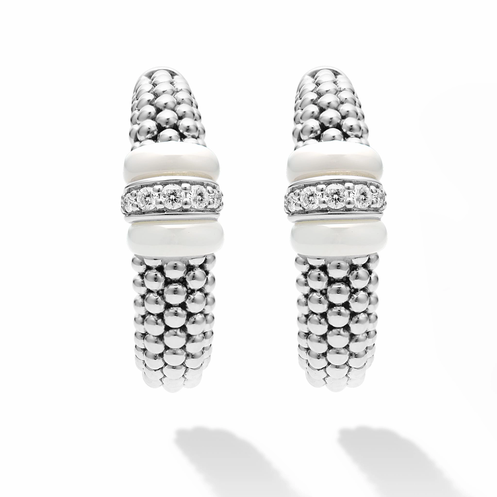 White Caviar White Ceramic Caviar Diamond Hoop Earrings