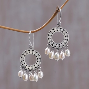 White Moon Aura Pearl & Silver Chandelier Earrings