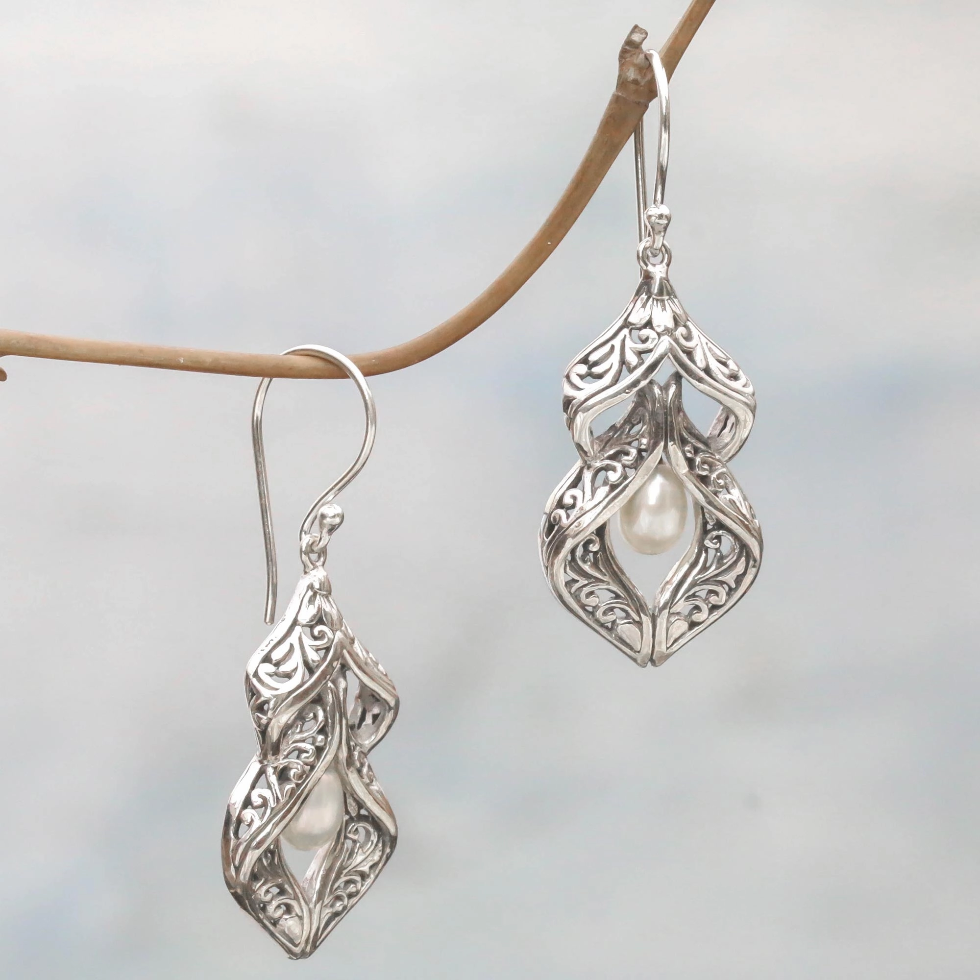 White Pearl Sterling Silver Dangle Earrings