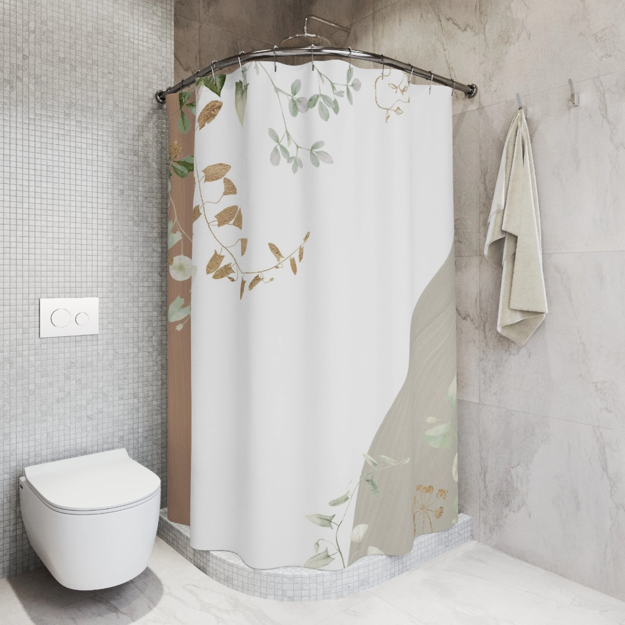 White Shower Curtain | Floral, Beige Grey, Green
