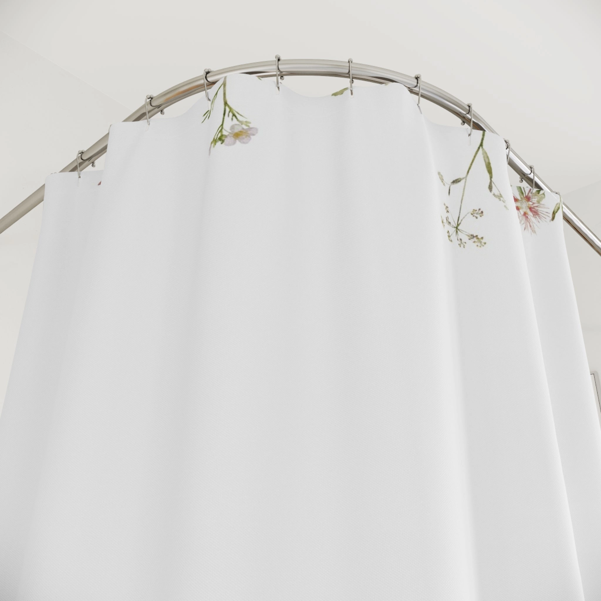 White Shower Curtain | Floral, Sage Green Leaves