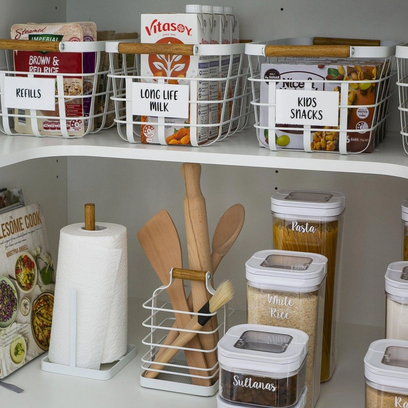 White Storage Basket with Bamboo Handle