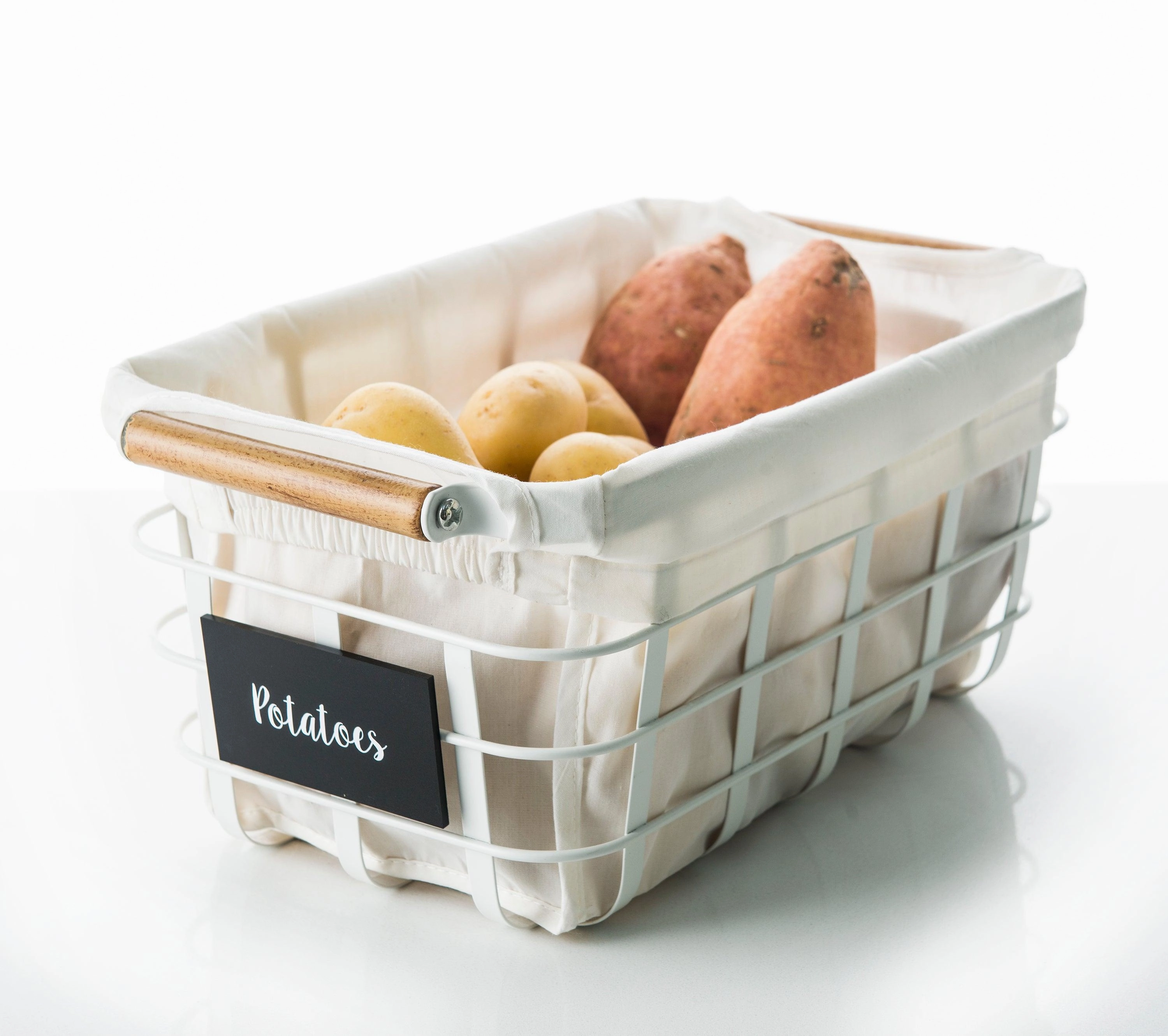 White Storage Basket with Bamboo Handle