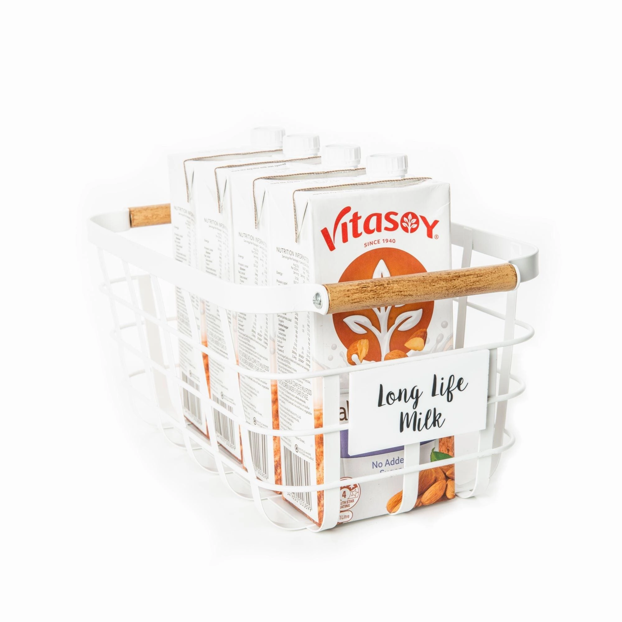 White Storage Basket with Bamboo Handle
