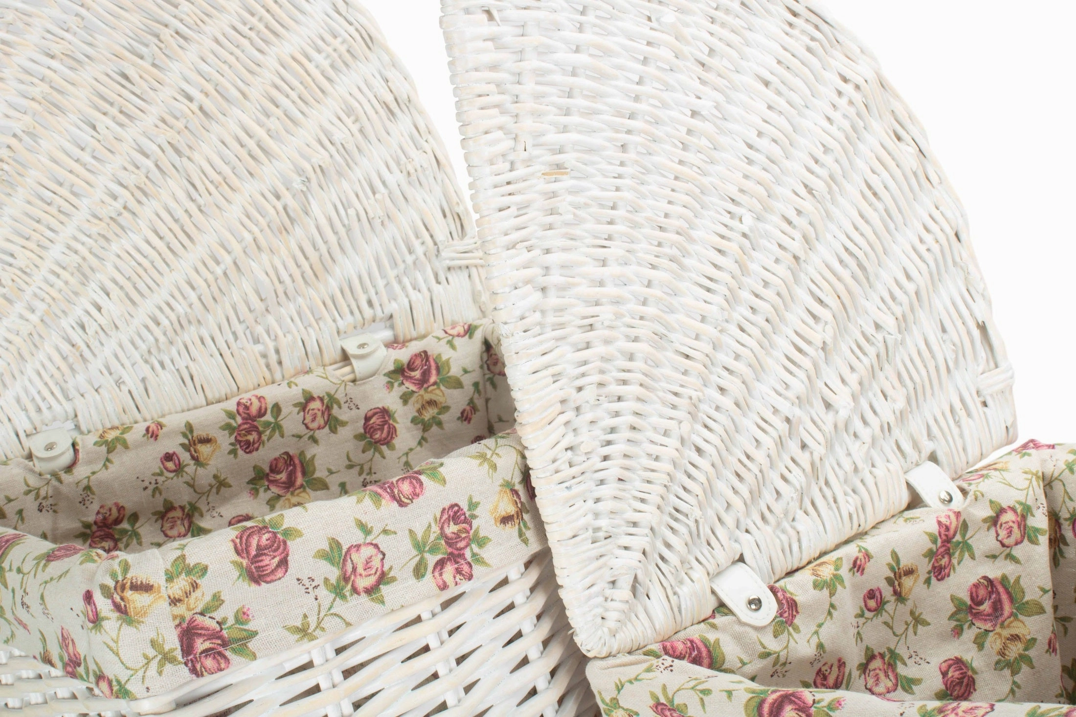 White Wash Willow Corner Laundry Hamper with Garden Rose Lining Set 2