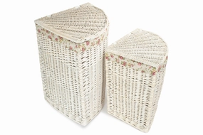 White Wash Willow Corner Laundry Hamper with Garden Rose Lining Set 2 laundry organizer,dirty clothes basket,plastic laundry basket
