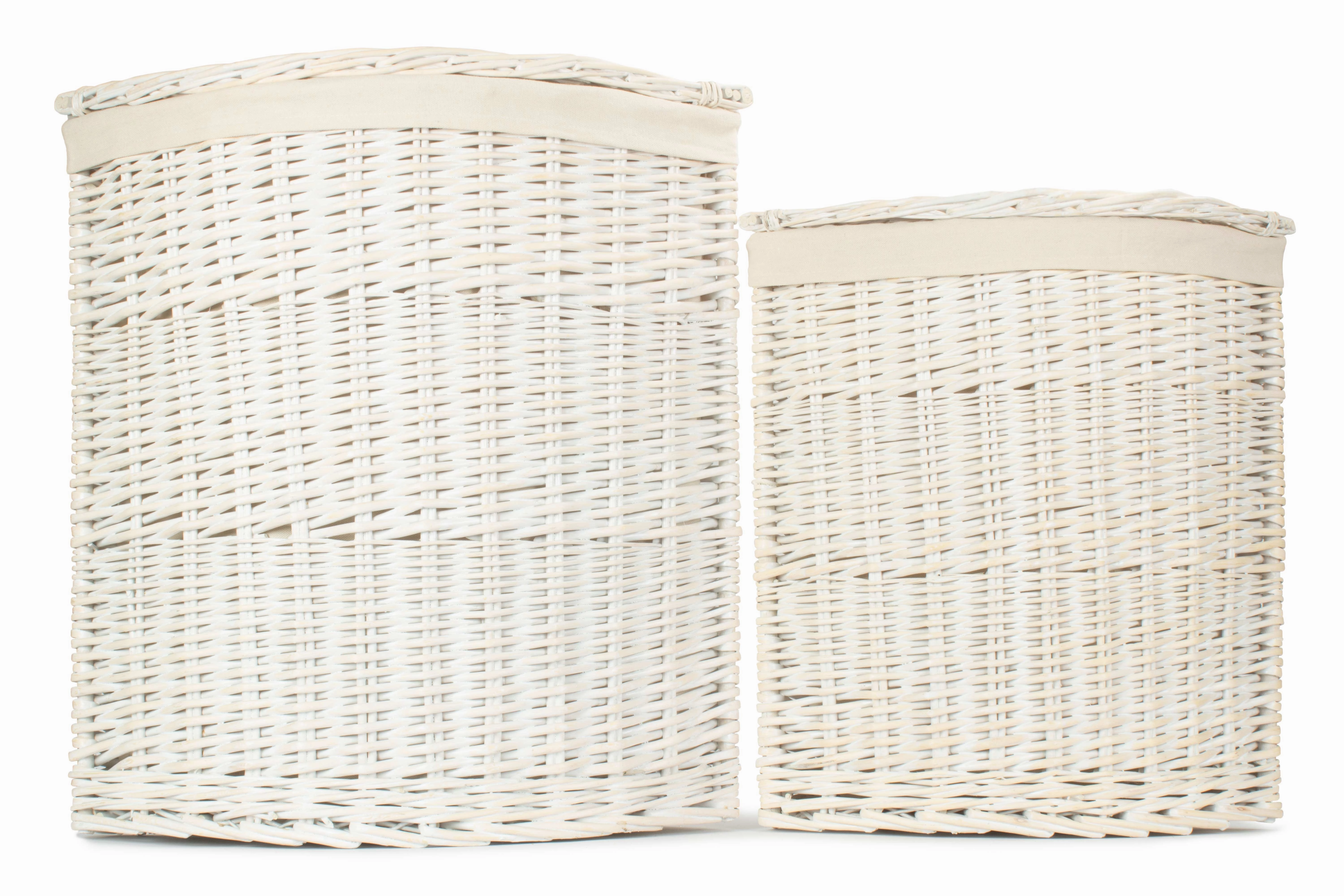 White Wash Willow Corner Linen Basket with White Lining Set 2