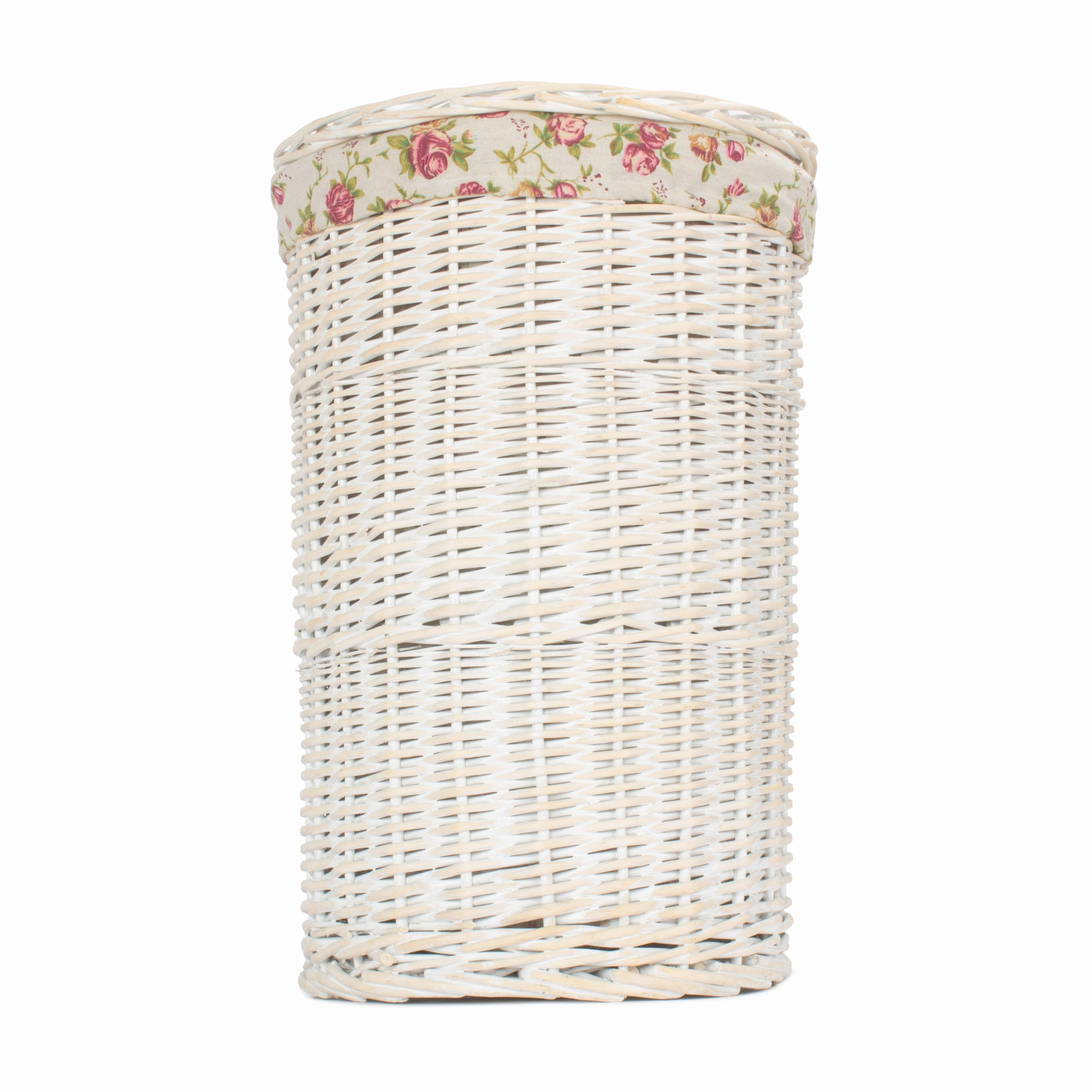 White Wash WIllow Round Laundry Hamper with Garden Rose Lining - Small