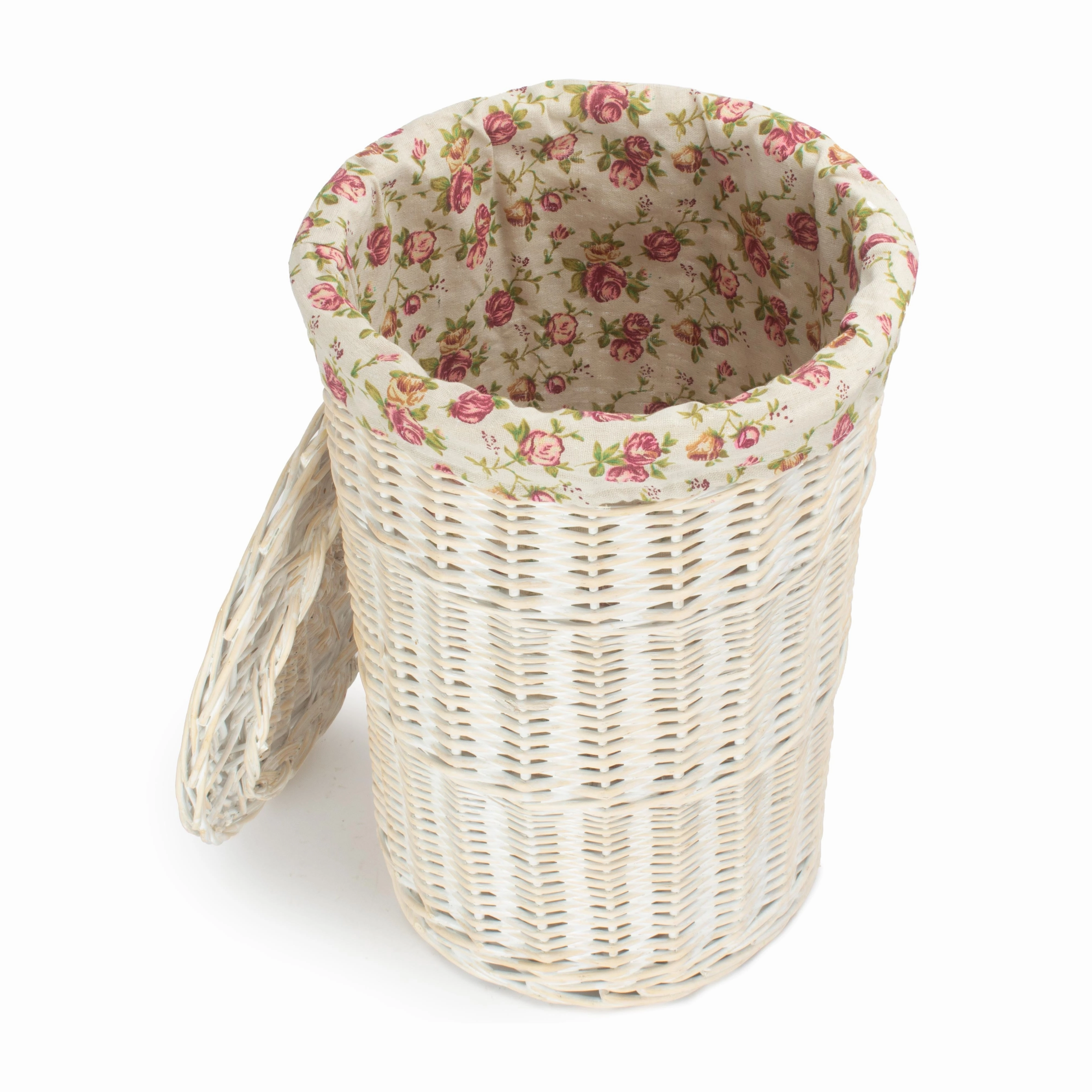 White Wash WIllow Round Laundry Hamper with Garden Rose Lining - Small