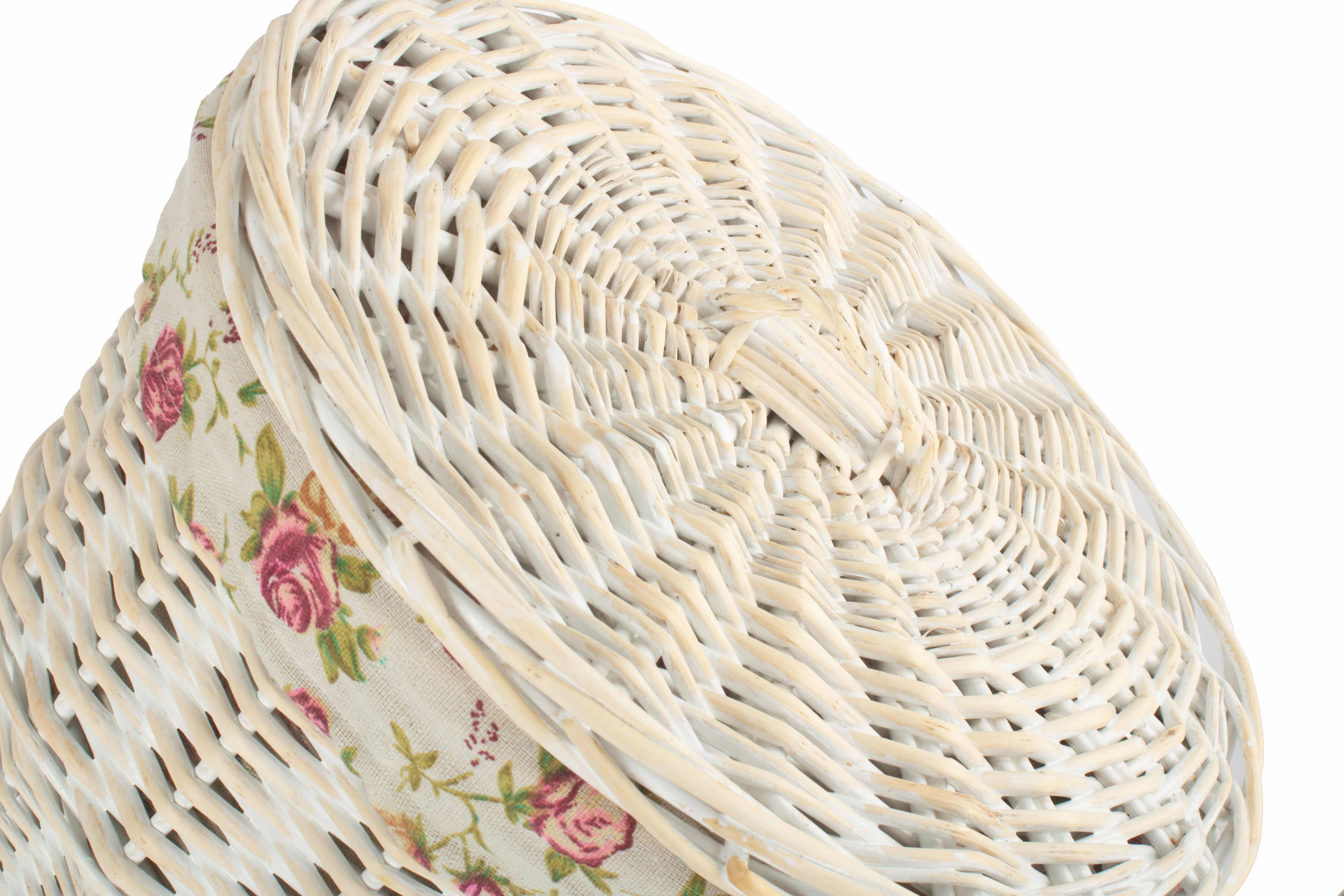 White Wash WIllow Round Laundry Hamper with Garden Rose Lining - Small