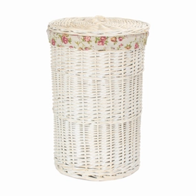 White Wash WIllow Round Laundry Hamper with Garden Rose Lining - Small laundry organizer,dirty clothes basket,plastic laundry basket