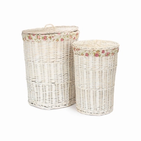 White Wash Willow Round Laundry Hamper with Garden Rose Lining Set 2 laundry organizer,dirty clothes basket,plastic laundry basket