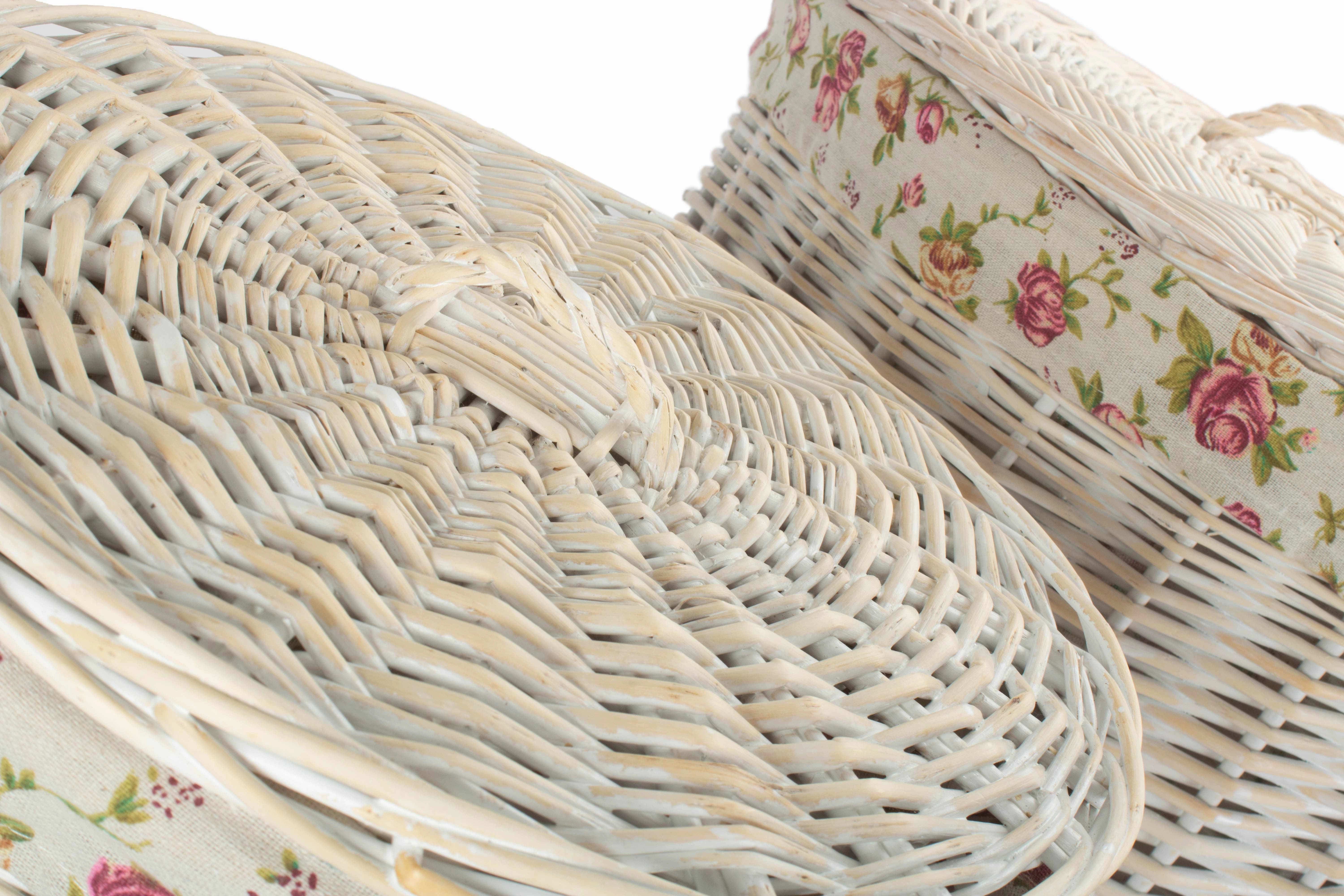 White Wash Willow Round Laundry Hamper with Garden Rose Lining Set 2