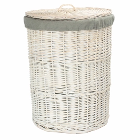 White Wash Willow Round Laundry Hamper With Grey Sage Lining - Large laundry organizer,dirty clothes basket,plastic laundry basket