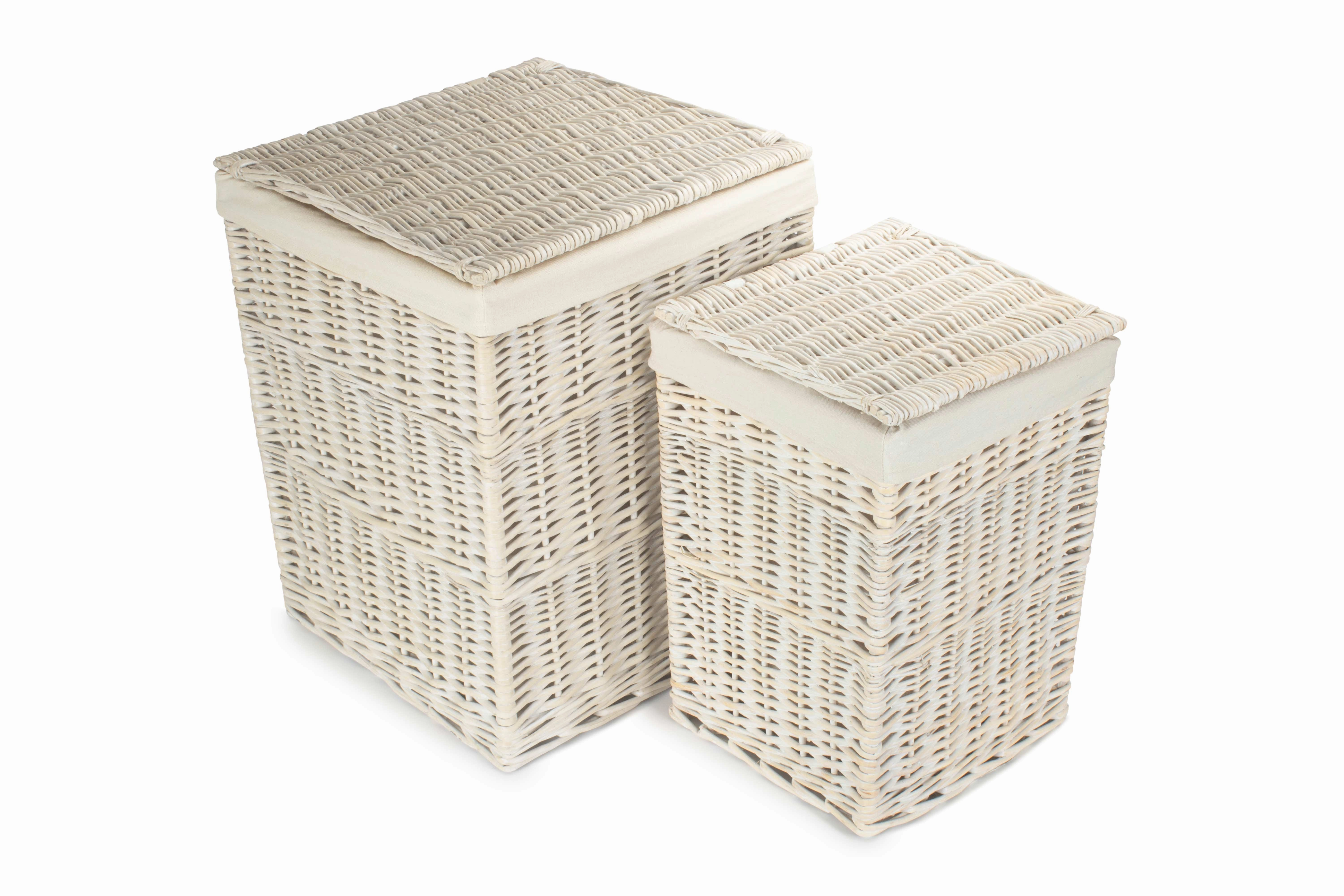 White Wash Willow Square Laundry Hamper with White Lining Set 2