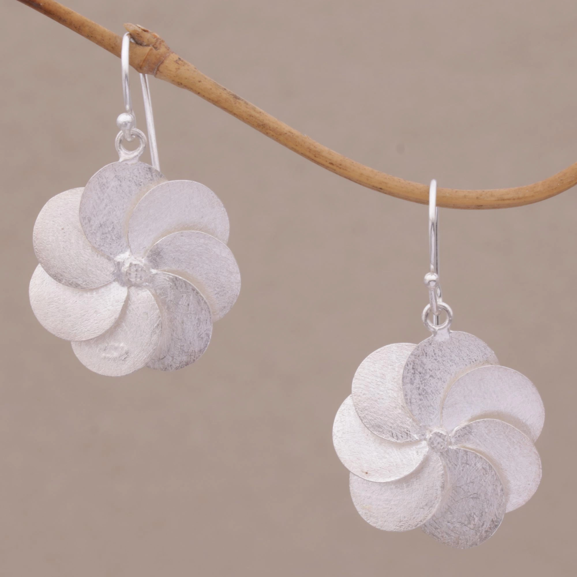Windmill Flowers Sterling Silver Floral Dangle Earrings from Bali