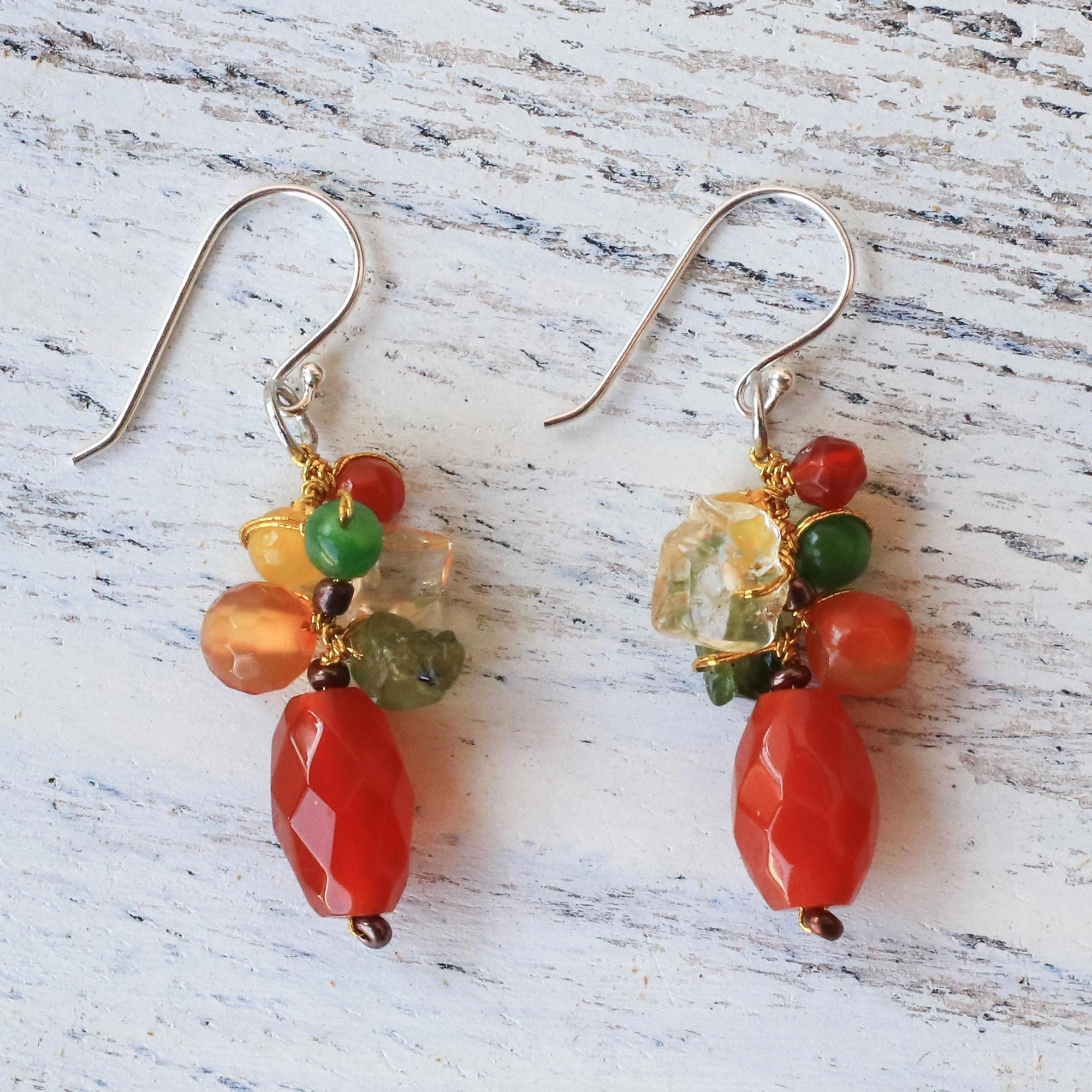 Wistful Memory Carnelian Multi-Gemstone Dangle Earrings from Thailand
