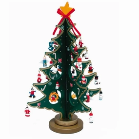 Wooden Fold Out Christmas Tree With Miniature Ornament 25-Piece Set 11.75" Decorative Mirror,Home Decor Mirror