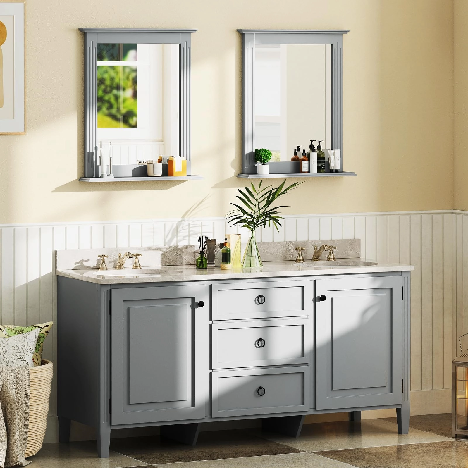 Wooden Frame Modern Rectangular Hanging Vanity Makeup Mirrors for Washroom