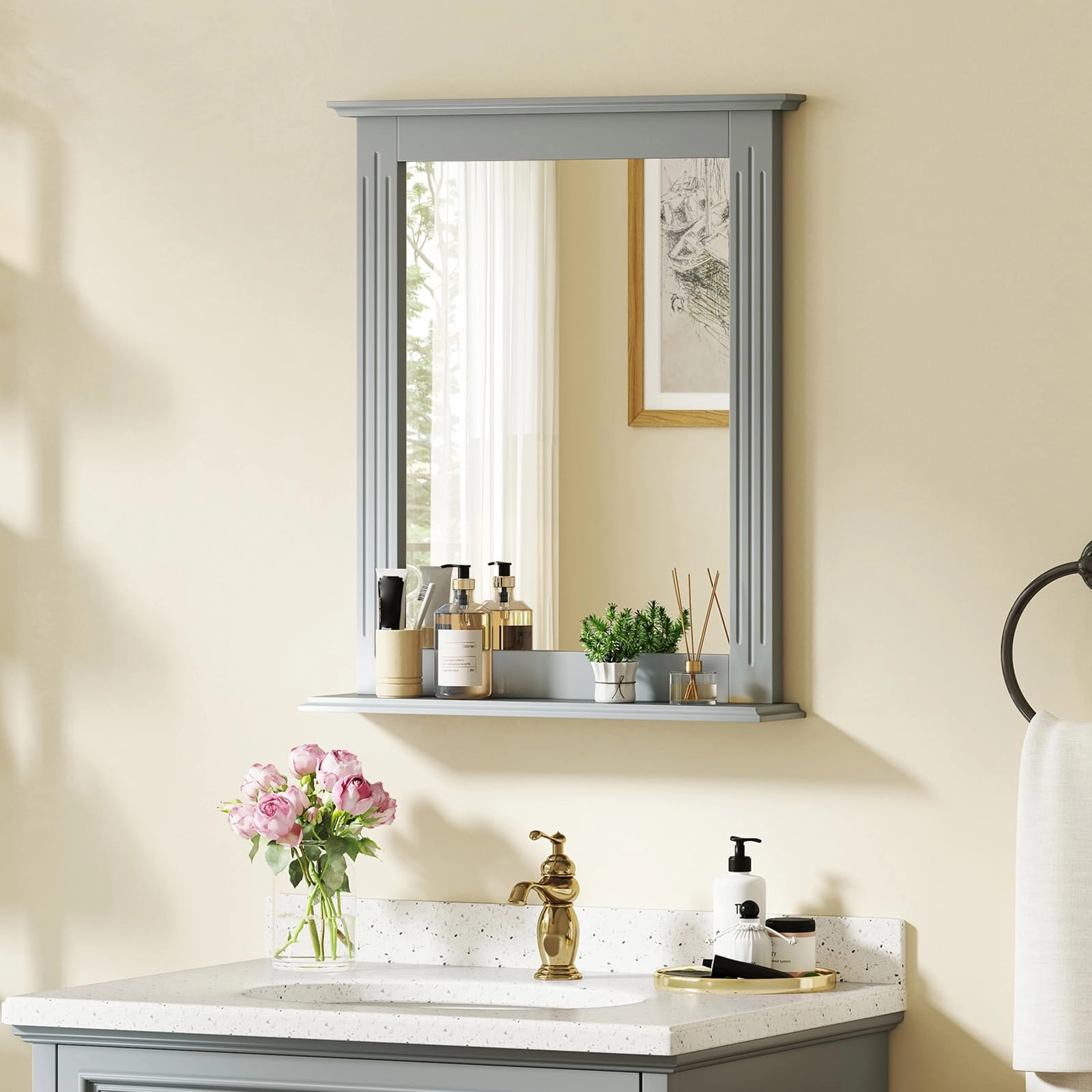 Wooden Frame Modern Rectangular Hanging Vanity Makeup Mirrors for Washroom