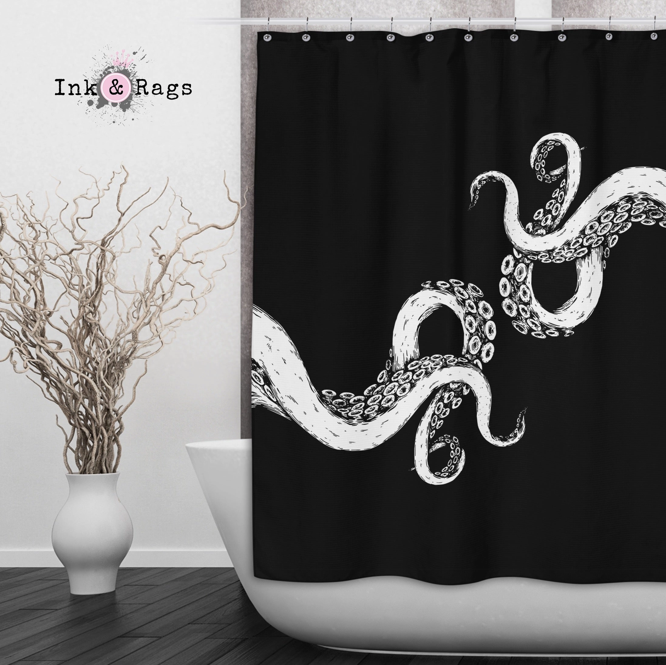 Wrapped in Tentacles Black Octopus Shower Curtains and Optional Bath Mats Lighting,Lamps Fixtures